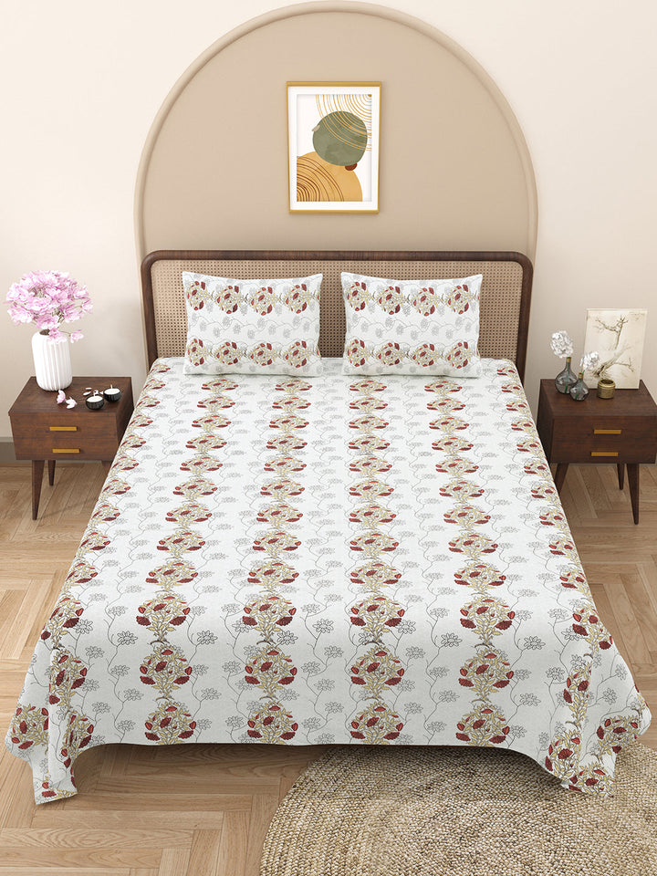 Bella Casa Fashion & Retail Ltd BEDSHEET 88 X 96 Inch / White & Brown / Cotton Double Bedsheet with 2 Pillow Covers Cotton Floral Design White & Brown Colour - Element Collection