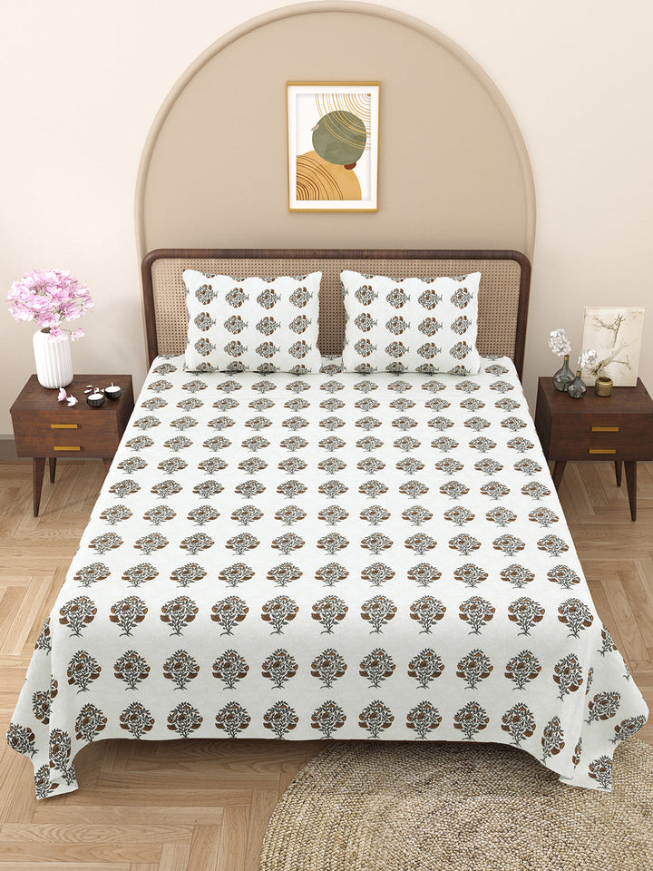 Bella Casa Fashion & Retail Ltd BEDSHEET 88 X 96 Inch / White & Brown / Cotton Double Bedsheet with 2 Pillow Covers Cotton Floral Design White & Brown Colour - Element Collection