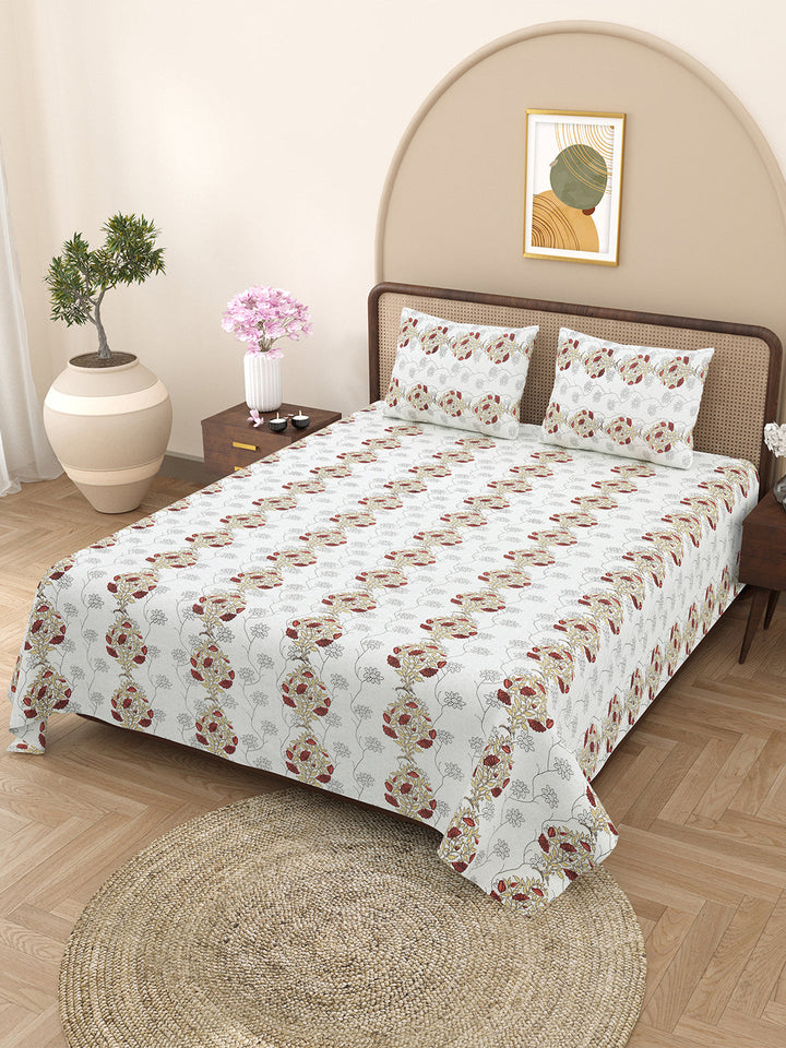 Bella Casa Fashion & Retail Ltd BEDSHEET 88 X 96 Inch / White & Brown / Cotton Double Bedsheet with 2 Pillow Covers Cotton Floral Design White & Brown Colour - Element Collection