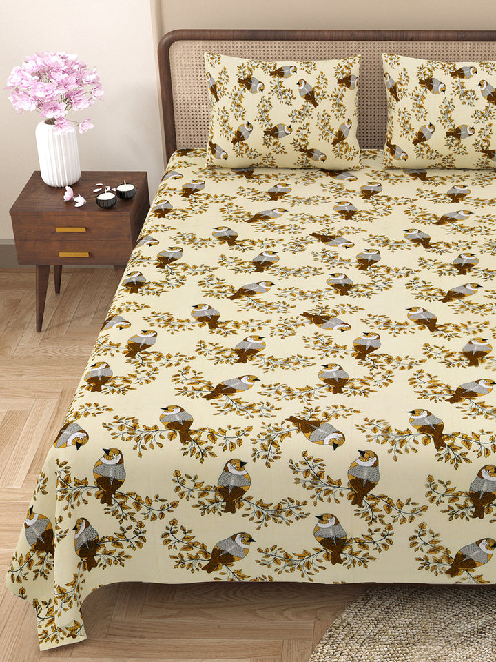 Bella Casa Fashion & Retail Ltd BEDSHEET 88 X 96 Inch / Yellow / Cotton Double Bedsheet with 2 Pillow Covers Cotton Floral Design Yellow Colour - Element Collection