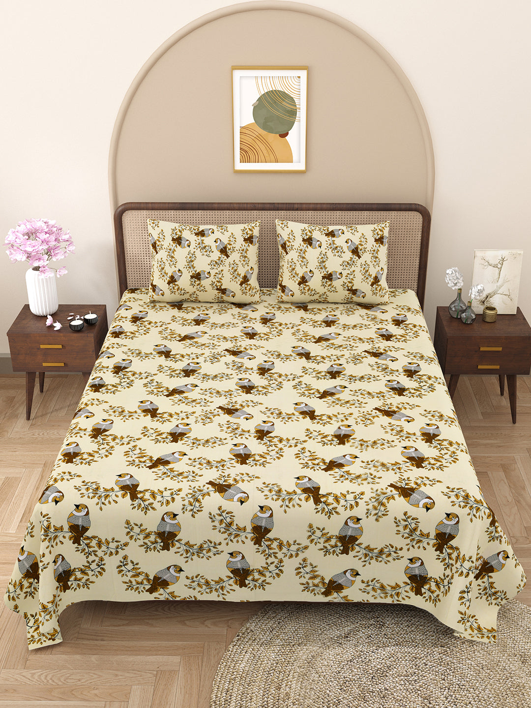 Bella Casa Fashion & Retail Ltd BEDSHEET 88 X 96 Inch / Yellow / Cotton Double Bedsheet with 2 Pillow Covers Cotton Floral Design Yellow Colour - Element Collection