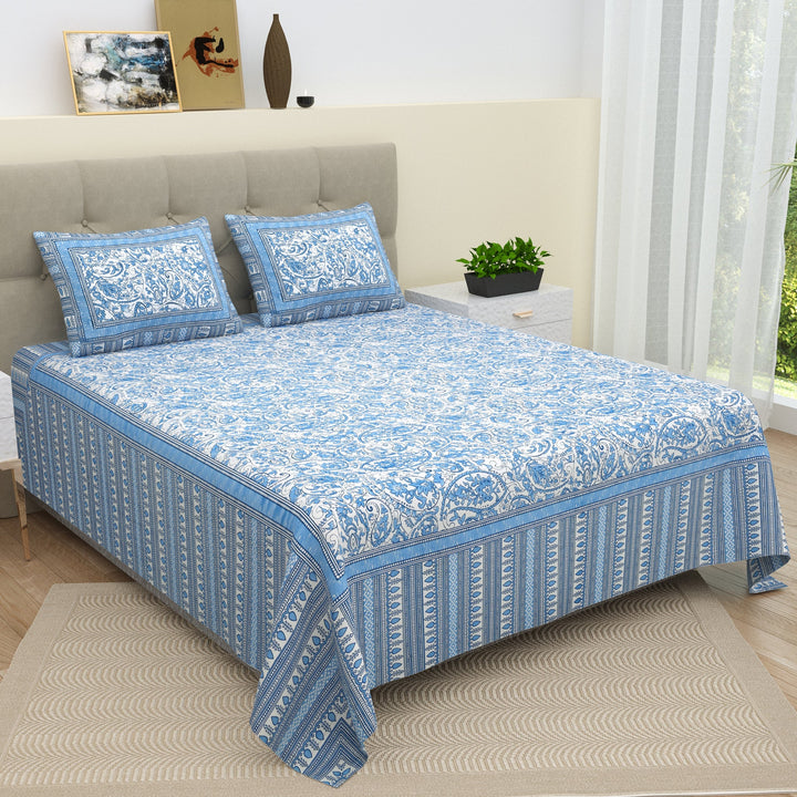 Bella Casa Fashion & Retail Ltd  BEDSHEET 90 X 108 Inch / Blue / Cotton Bella Casa Double Bedsheet Set Cotton King Size with 2 Pillow Covers  Floral Design Blue Colour - Ethnic Collection