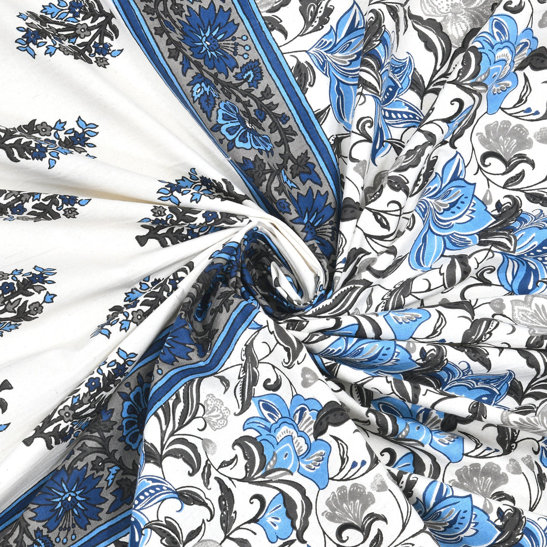 Bella Casa Fashion & Retail Ltd BEDSHEET 90 X 108 Inch / Blue / Cotton Bella Casa Double King Size Bedsheet Set Cotton with 2 Pillow Covers Floral Design Blue Colour - Ethnic Collection