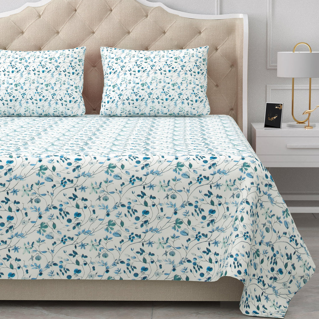 Bella Casa Fashion & Retail Ltd  BEDSHEET 90 X 108 Inch / Blue / Cotton Double Bedsheet Cotton King Size with 2 Pillow Covers Floral Design Blue Colour - Stella Collection