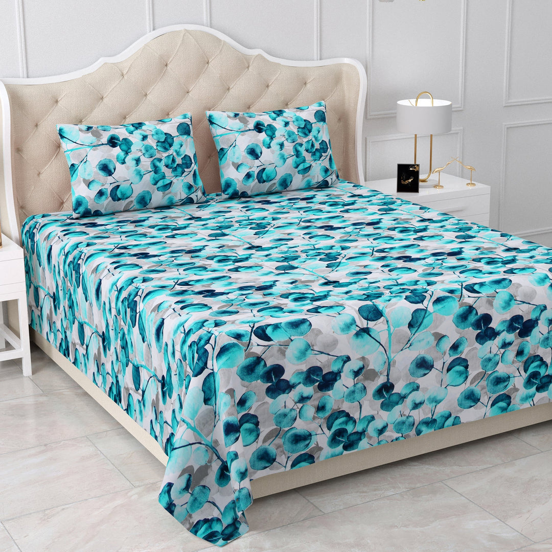 Bella Casa Fashion & Retail Ltd BEDSHEET 90 X 108 Inch / Blue / Cotton Double Bedsheet Cotton King Size with 2 Pillow Covers Floral Design Blue Colour - Stella Collection