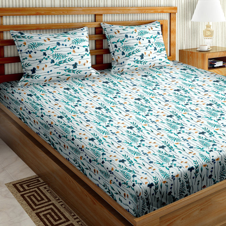 Double Bedsheet Cotton King Size with 2 Pillow Covers Floral Design Blue Colour - Stella Collection