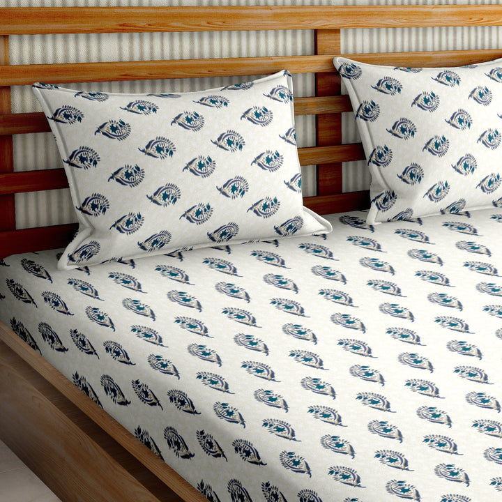 Bella Casa Fashion & Retail Ltd  BEDSHEET 90 X 108 Inch / Blue / Cotton Double Bedsheet Set Cotton King Size with 2 Pillow Covers Floral Design Blue Colour - Stella Collection