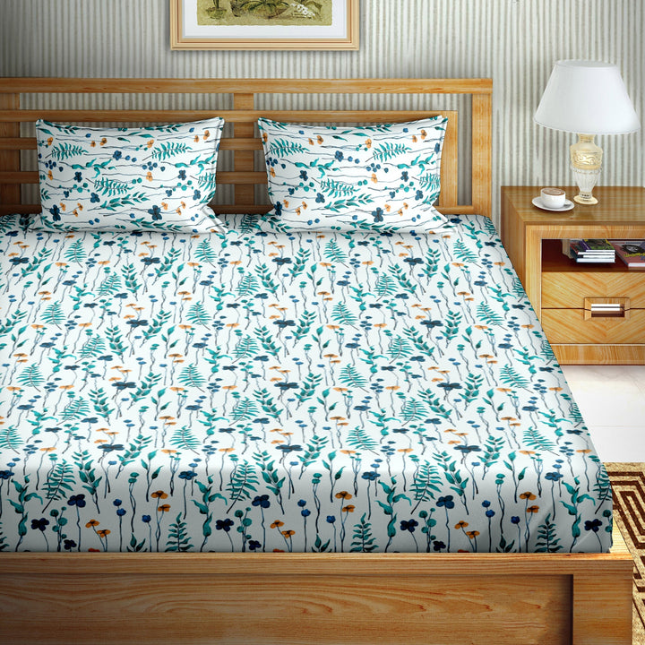 Double Bedsheet Cotton King Size with 2 Pillow Covers Floral Design Blue Colour - Stella Collection