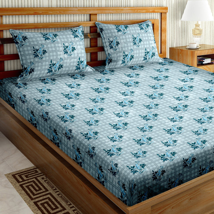 Double Bedsheet Cotton King Size with 2 Pillow Covers Floral Design Blue Colour - Stella Collection