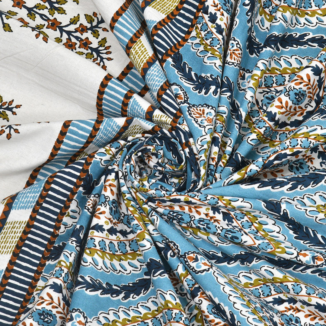 Bella Casa Fashion & Retail Ltd BEDSHEET 90 X 108 Inch / Blue / Cotton Double King Size Bedsheet Set Cotton with 2 Pillow Covers Floral Design Blue Colour - Ethnic Collection