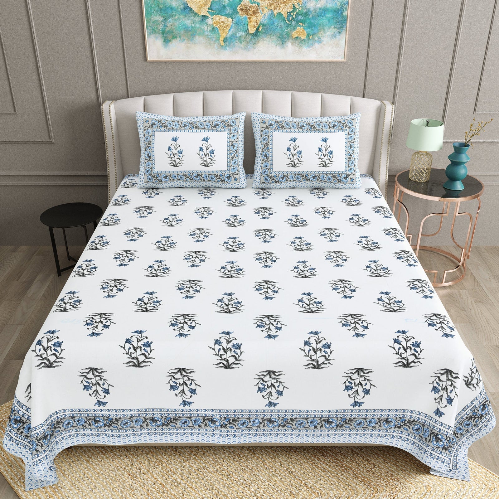 Bella Casa Fashion & Retail Ltd BEDSHEET 90 X 108 Inch / Blue / Cotton Double King Size Bedsheet Set Cotton with 2 Pillow Covers Floral Design Blue Colour - Ethnic Collection