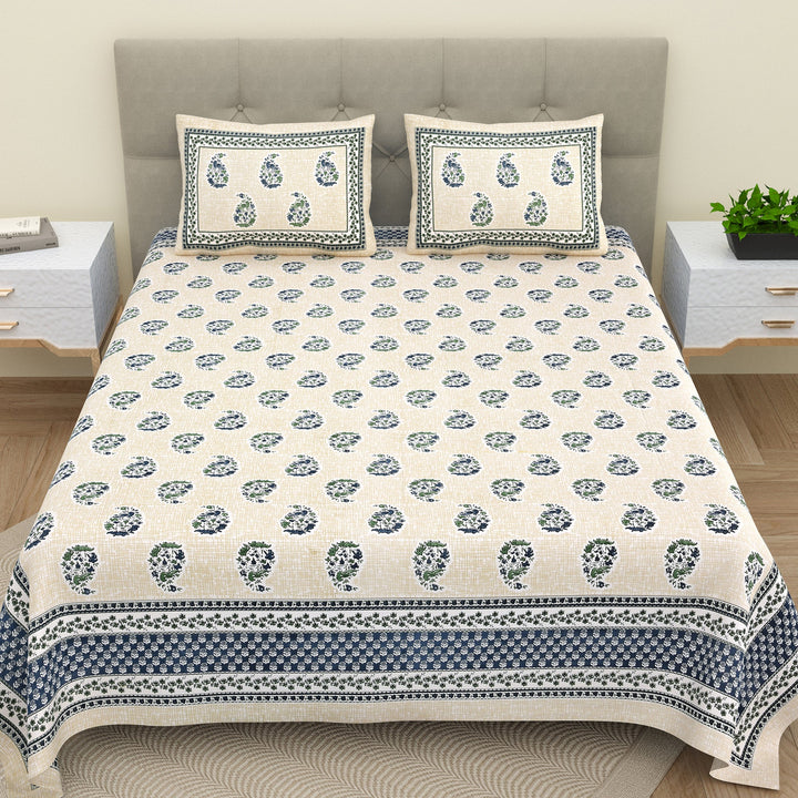 Bella Casa Fashion & Retail Ltd  BEDSHEET 90 X 108 Inch / Blue / Cotton Double King Size Bedsheet Set Cotton with 2 Pillow Covers Paisley Design Blue Colour - Ethnic Collection