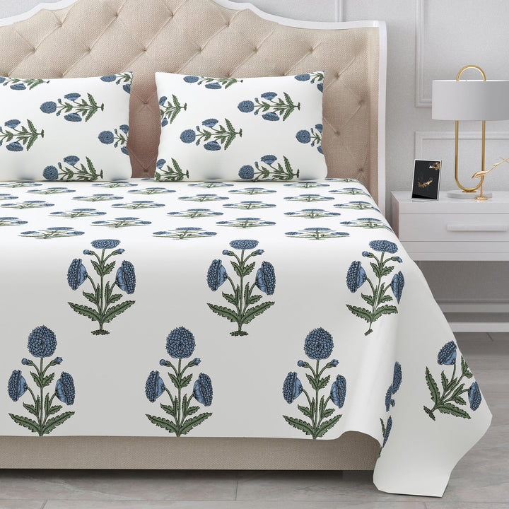 Bella Casa Fashion & Retail Ltd BEDSHEET 90 X 108 Inch / Blue & Off White / Cotton Double King Size Bedsheet Set Cotton with 2 Pillow Covers Motifs Design Blue & Off White Colour - Heritage Collection