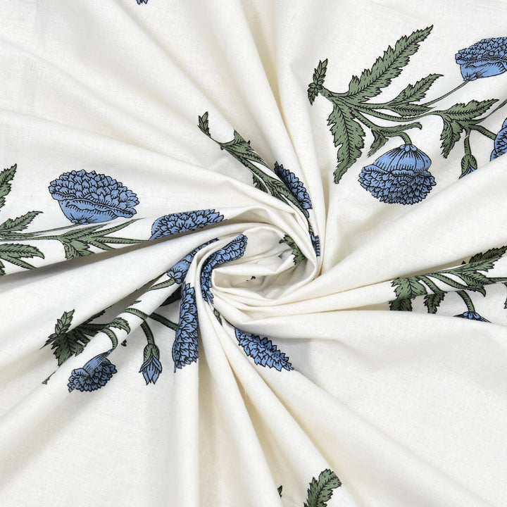 Bella Casa Fashion & Retail Ltd BEDSHEET 90 X 108 Inch / Blue & Off White / Cotton Double King Size Bedsheet Set Cotton with 2 Pillow Covers Motifs Design Blue & Off White Colour - Heritage Collection