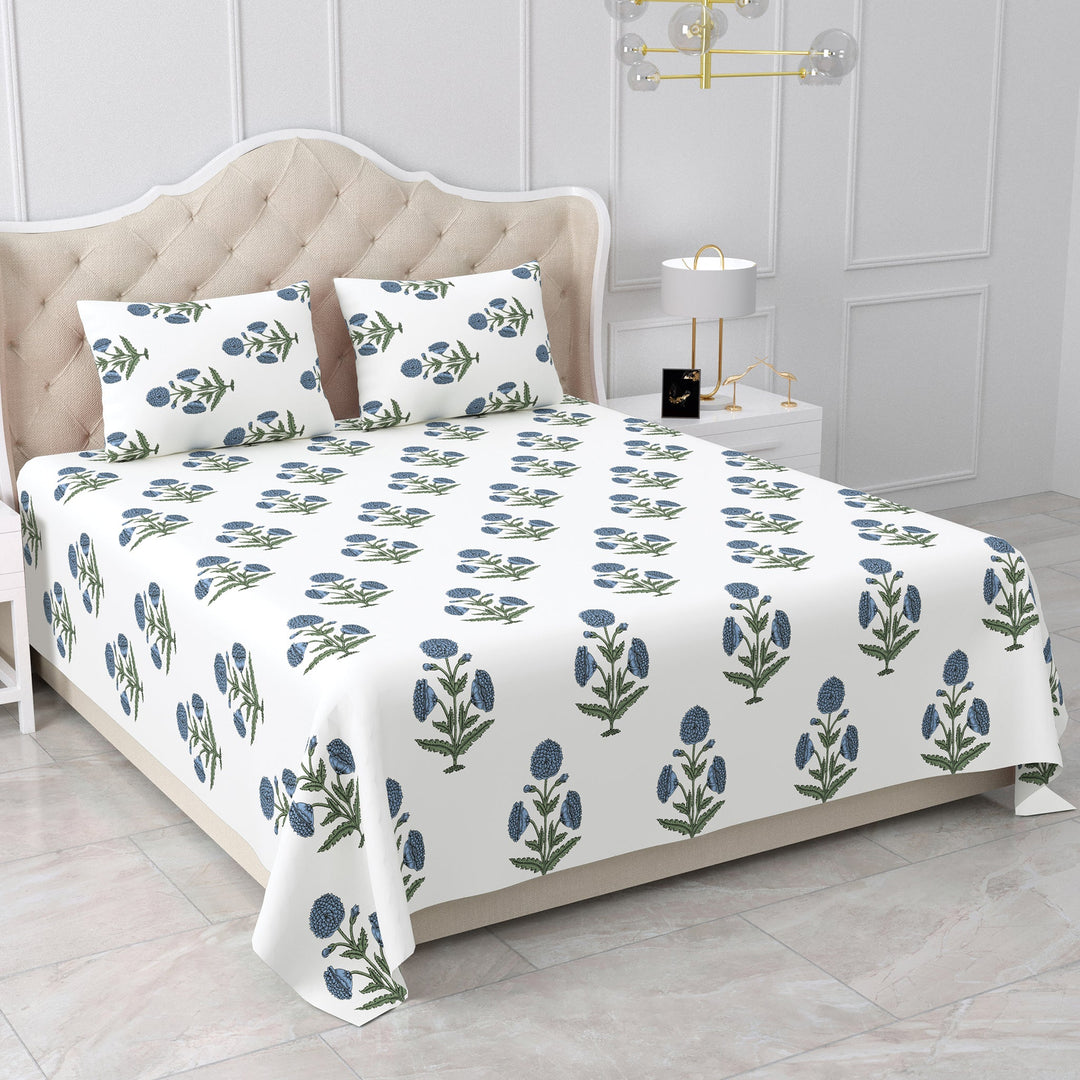 Bella Casa Fashion & Retail Ltd BEDSHEET 90 X 108 Inch / Blue & Off White / Cotton Double King Size Bedsheet Set Cotton with 2 Pillow Covers Motifs Design Blue & Off White Colour - Heritage Collection