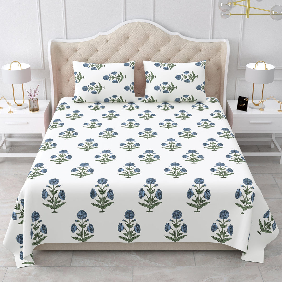 Bella Casa Fashion & Retail Ltd BEDSHEET 90 X 108 Inch / Blue & Off White / Cotton Double King Size Bedsheet Set Cotton with 2 Pillow Covers Motifs Design Blue & Off White Colour - Heritage Collection
