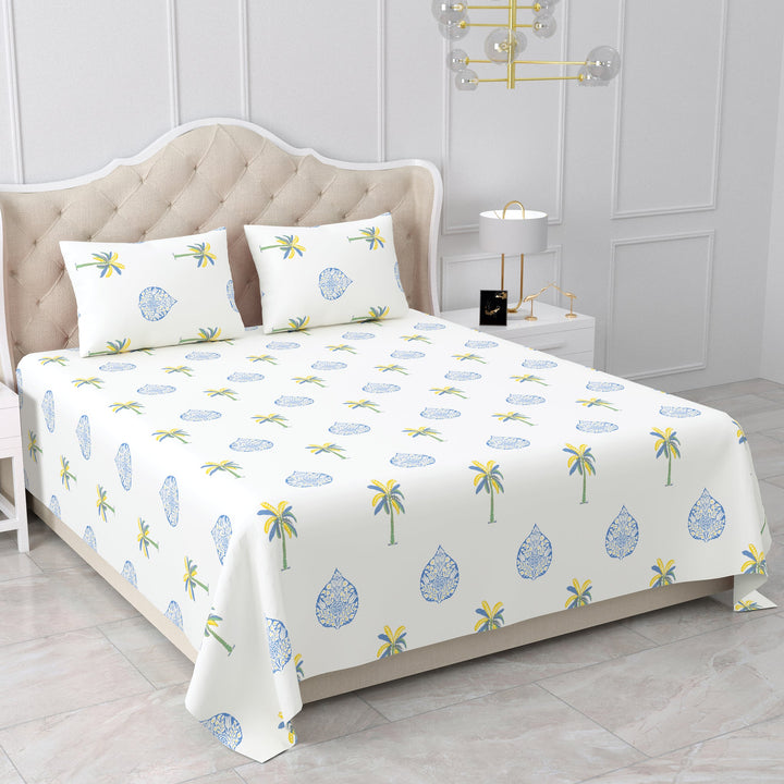 Bella Casa Fashion & Retail Ltd BEDSHEET 90 X 108 Inch / Blue & Off White / Cotton Double King Size Bedsheet Set Cotton with 2 Pillow Covers Motifs Design Blue & Off White Colour - Heritage Collection