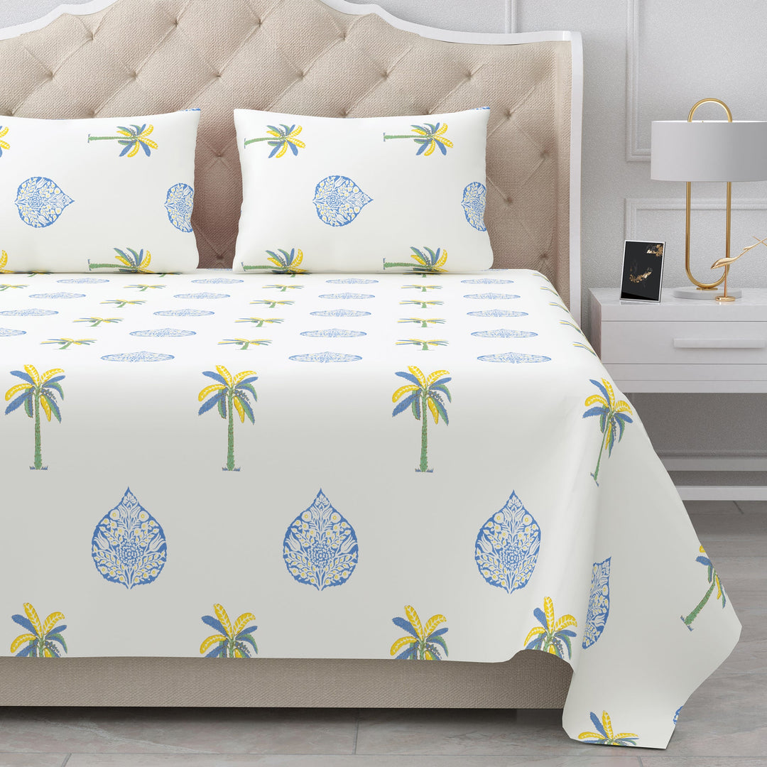 Bella Casa Fashion & Retail Ltd BEDSHEET 90 X 108 Inch / Blue & Off White / Cotton Double King Size Bedsheet Set Cotton with 2 Pillow Covers Motifs Design Blue & Off White Colour - Heritage Collection
