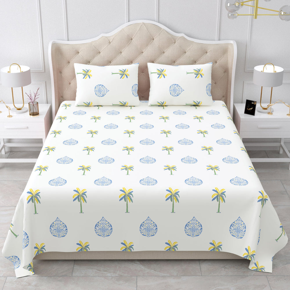 Bella Casa Fashion & Retail Ltd BEDSHEET 90 X 108 Inch / Blue & Off White / Cotton Double King Size Bedsheet Set Cotton with 2 Pillow Covers Motifs Design Blue & Off White Colour - Heritage Collection