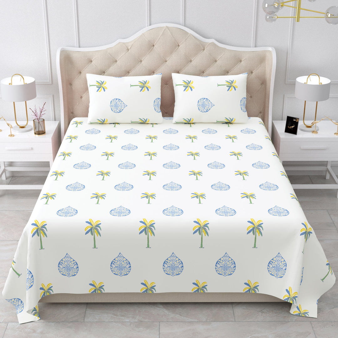 Bella Casa Fashion & Retail Ltd BEDSHEET 90 X 108 Inch / Blue & Off White / Cotton Double King Size Bedsheet Set Cotton with 2 Pillow Covers Motifs Design Blue & Off White Colour - Heritage Collection