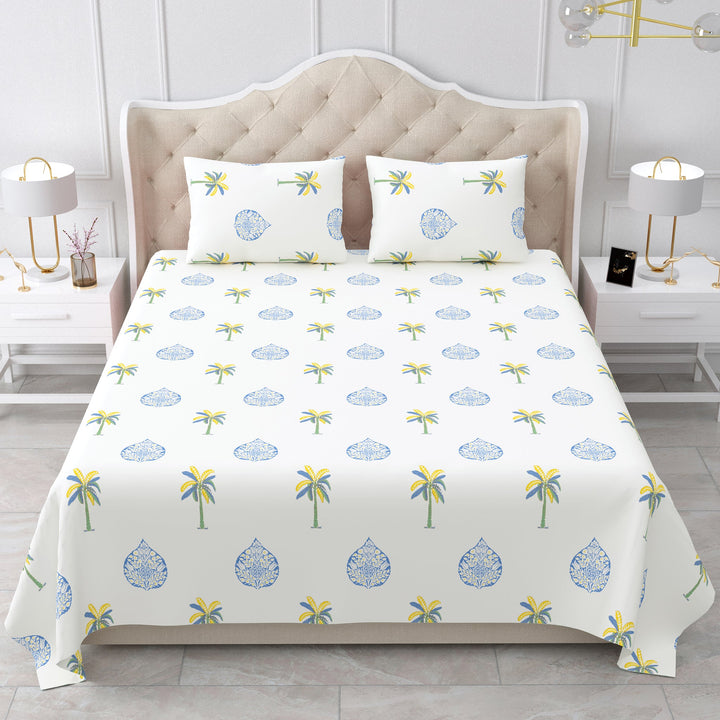 Bella Casa Fashion & Retail Ltd BEDSHEET 90 X 108 Inch / Blue & Off White / Cotton Double King Size Bedsheet Set Cotton with 2 Pillow Covers Motifs Design Blue & Off White Colour - Heritage Collection
