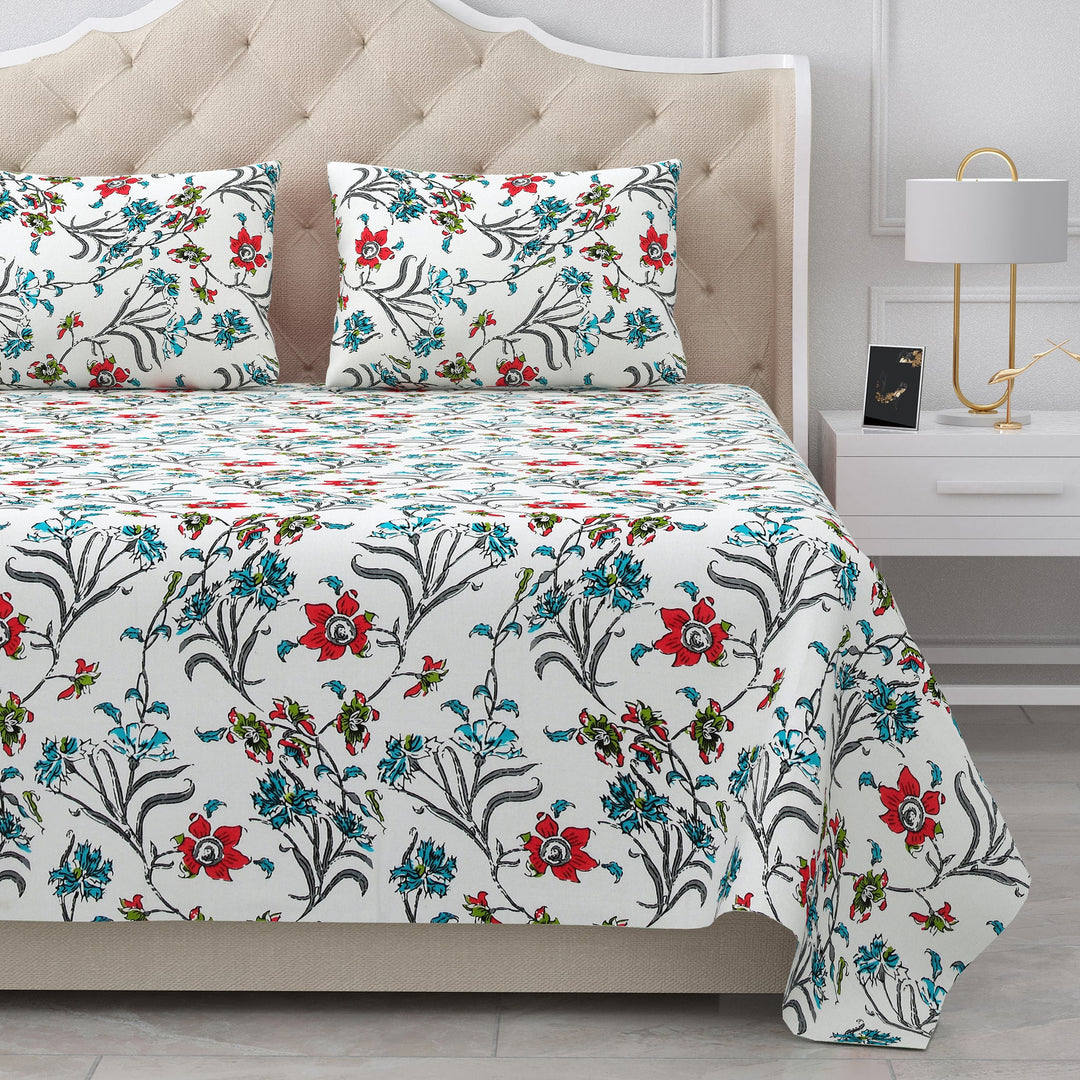 Bella Casa Fashion & Retail Ltd BEDSHEET 90 X 108 Inch / Blue & Red / Cotton Double King Size Bedsheet Set Cotton with 2 Pillow Covers Floral Design Blue & Red Colour - Snow Petals Collection