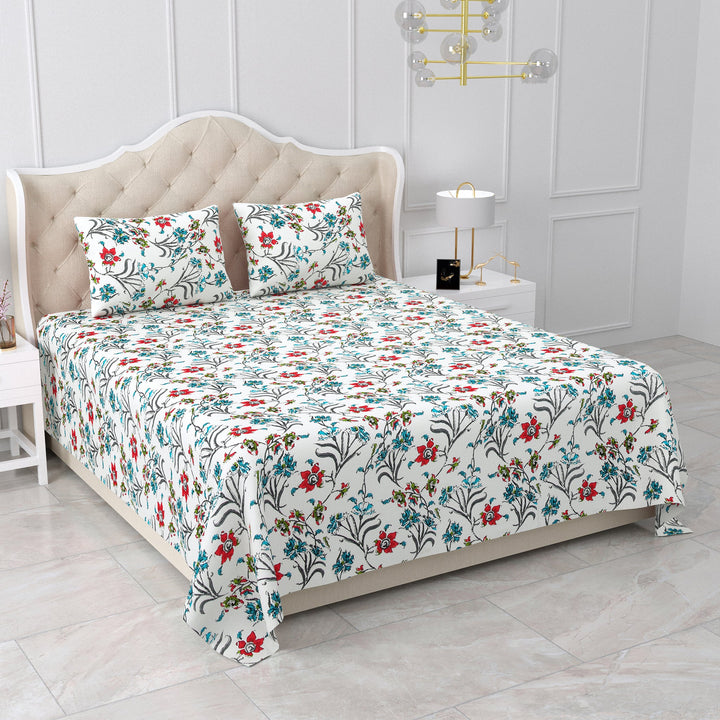 Bella Casa Fashion & Retail Ltd BEDSHEET 90 X 108 Inch / Blue & Red / Cotton Double King Size Bedsheet Set Cotton with 2 Pillow Covers Floral Design Blue & Red Colour - Snow Petals Collection