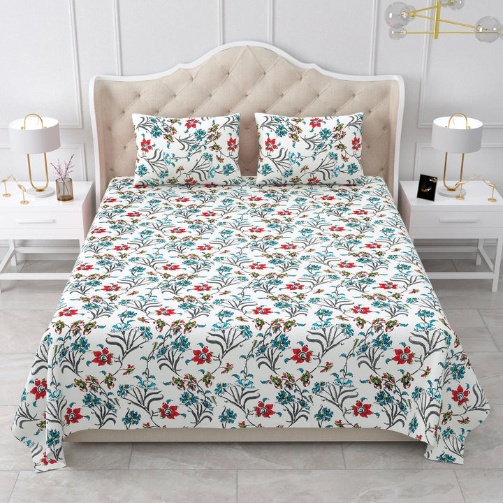 Bella Casa Fashion & Retail Ltd BEDSHEET 90 X 108 Inch / Blue & Red / Cotton Double King Size Bedsheet Set Cotton with 2 Pillow Covers Floral Design Blue & Red Colour - Snow Petals Collection