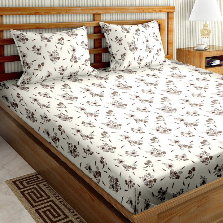 Bella Casa Fashion & Retail Ltd  BEDSHEET 90 X 108 Inch / Brown / Cotton Double Bedsheet Set Cotton King Size with 2 Pillow Covers Floral Brown Colour - Stella Collection