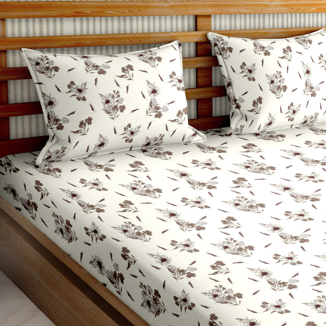 Bella Casa Fashion & Retail Ltd  BEDSHEET 90 X 108 Inch / Brown / Cotton Double Bedsheet Set Cotton King Size with 2 Pillow Covers Floral Brown Colour - Stella Collection