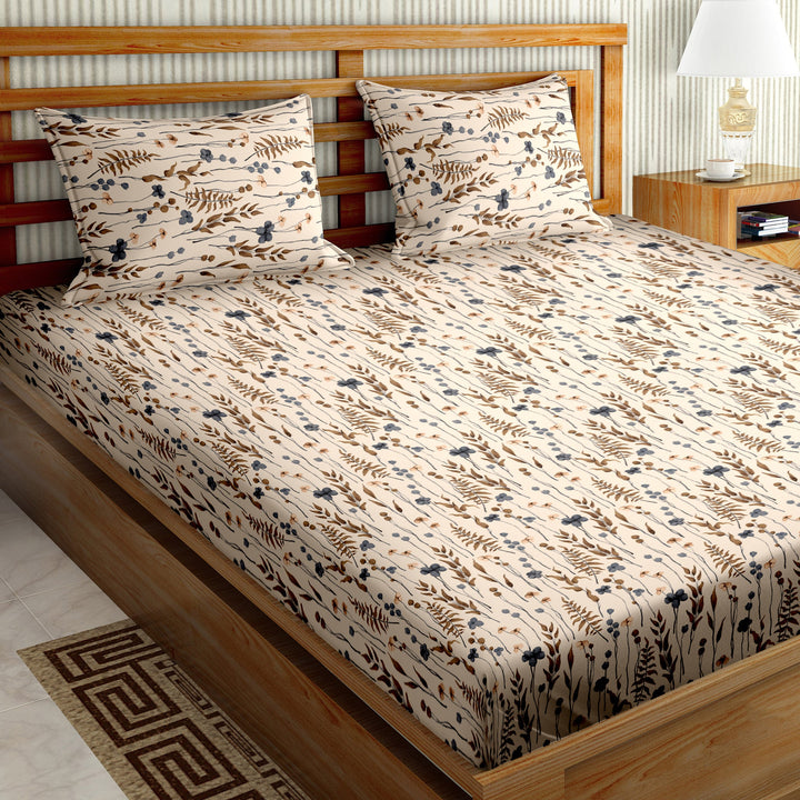 Double Bedsheet Cotton King Size with 2 Pillow Covers Floral Design Brown Colour - Stella Collection