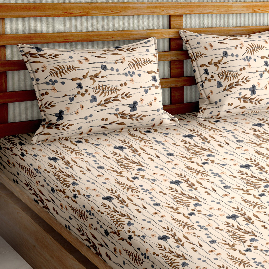 Bella Casa Fashion & Retail Ltd  BEDSHEET 90 X 108 Inch / Brown / Cotton Double Bedsheet Set Cotton King Size with 2 Pillow Covers Floral Design Brown Colour - Stella Collection