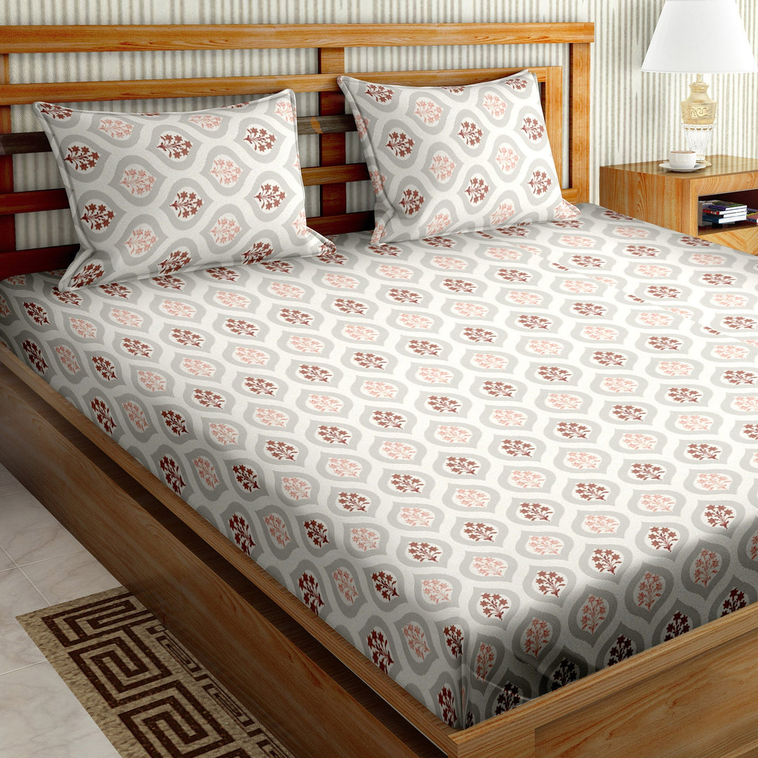 Double Bedsheet Cotton King Size with 2 Pillow Covers Floral Design Brown Colour - Stella Collection