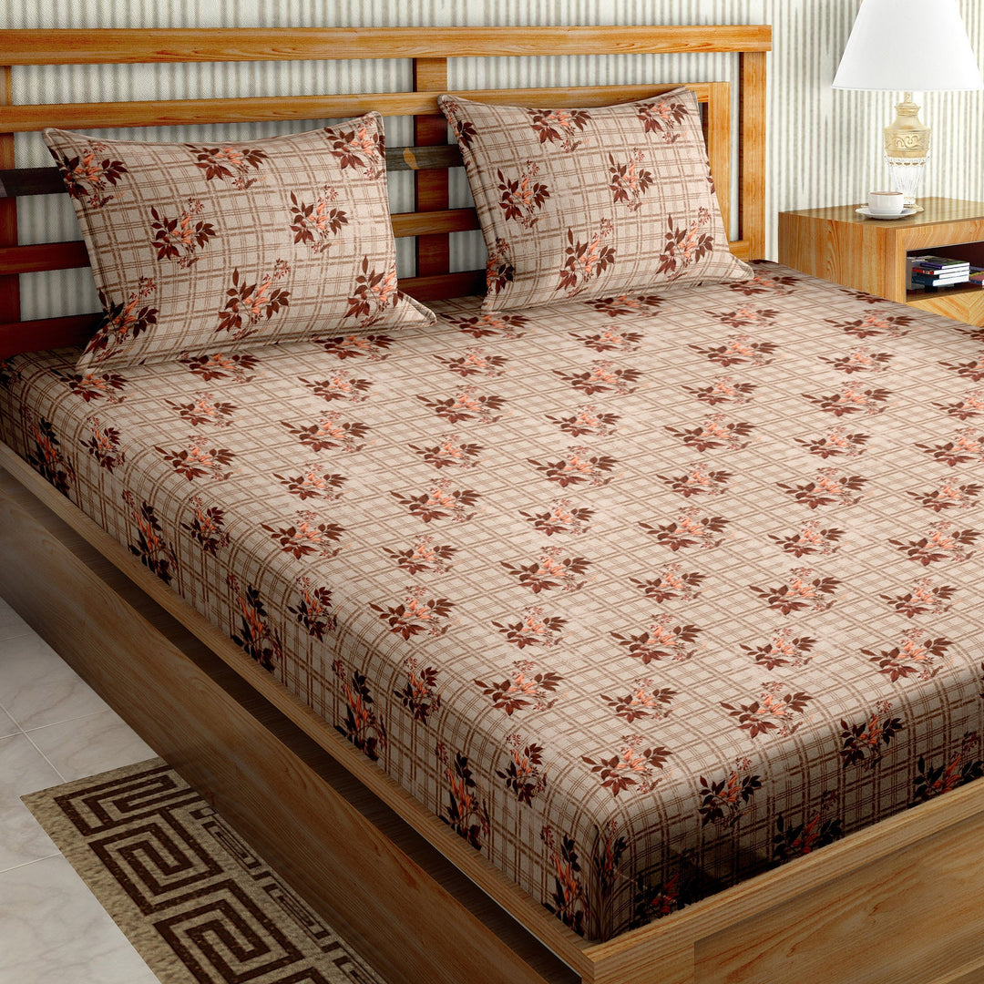 Bella Casa Fashion & Retail Ltd  BEDSHEET 90 X 108 Inch / Brown / Cotton Double Bedsheet Set Cotton King Size with 2 Pillow Covers Floral Design BrownColour - Stella Collection
