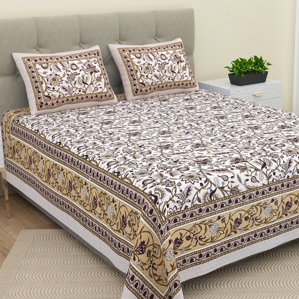 Bella Casa Fashion & Retail Ltd  BEDSHEET 90 X 108 Inch / Brown / Cotton Double King Size Bedsheet Set Cotton with 2 Pillow Covers Floral Design Brown Colour - Ethnic Collection