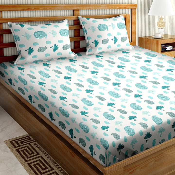 Double Bedsheet Cotton King Size with 2 Pillow Covers Floral Design Cyan Colour - Stella Collection