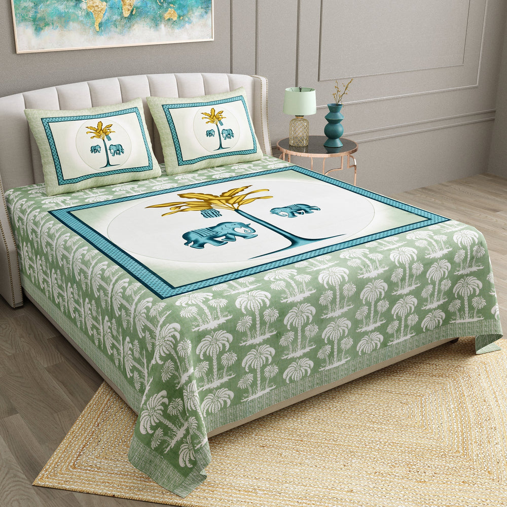 Bella Casa Fashion & Retail Ltd  BEDSHEET 90 X 108 Inch / Green / Cotton Bella Casa Double King Size Bedsheet Set Cotton with 2 Pillow Covers Natural Design Green Colour - Ethnic Collection