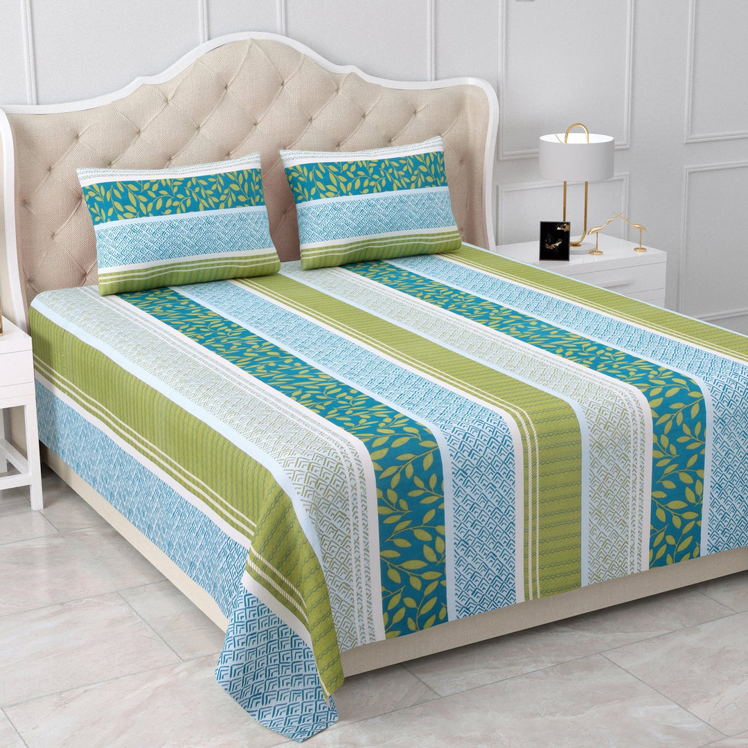 Bella Casa Fashion & Retail Ltd BEDSHEET 90 X 108 Inch / Green / Cotton Double Bedsheet Cotton King Size with 2 Pillow Covers Floral Design Blue & Green Colour - Stella Collection