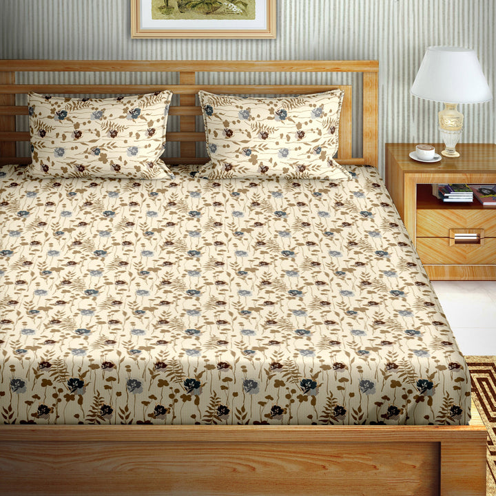 Bella Casa Fashion & Retail Ltd  BEDSHEET 90 X 108 Inch / Green / Cotton Double Bedsheet Set Cotton King Size with 2 Pillow Covers Floral Design Green & Brown Colour - Stella Collection