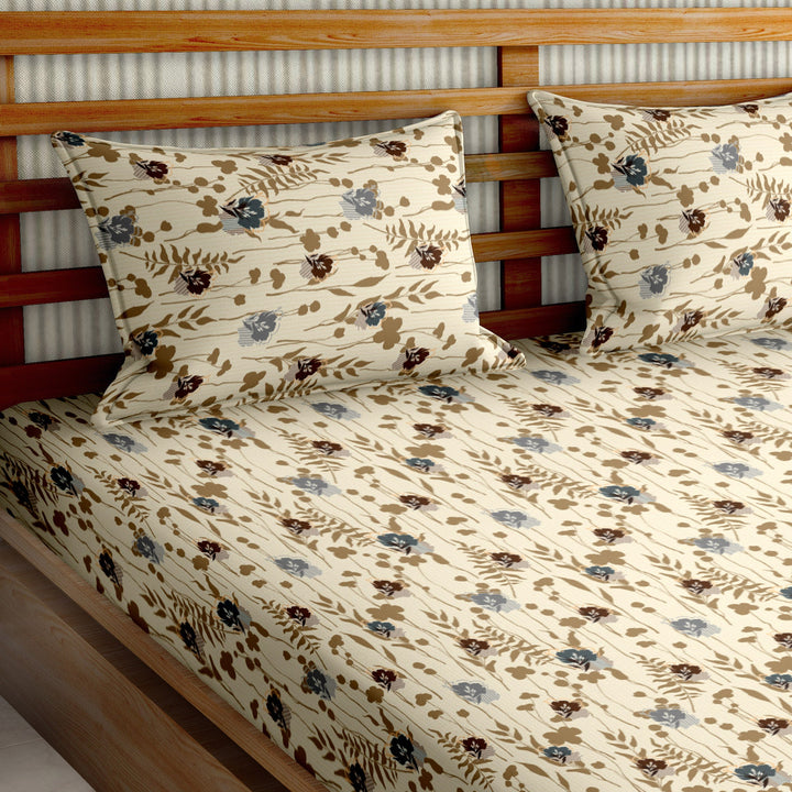 Bella Casa Fashion & Retail Ltd  BEDSHEET 90 X 108 Inch / Green / Cotton Double Bedsheet Set Cotton King Size with 2 Pillow Covers Floral Design Green & Brown Colour - Stella Collection