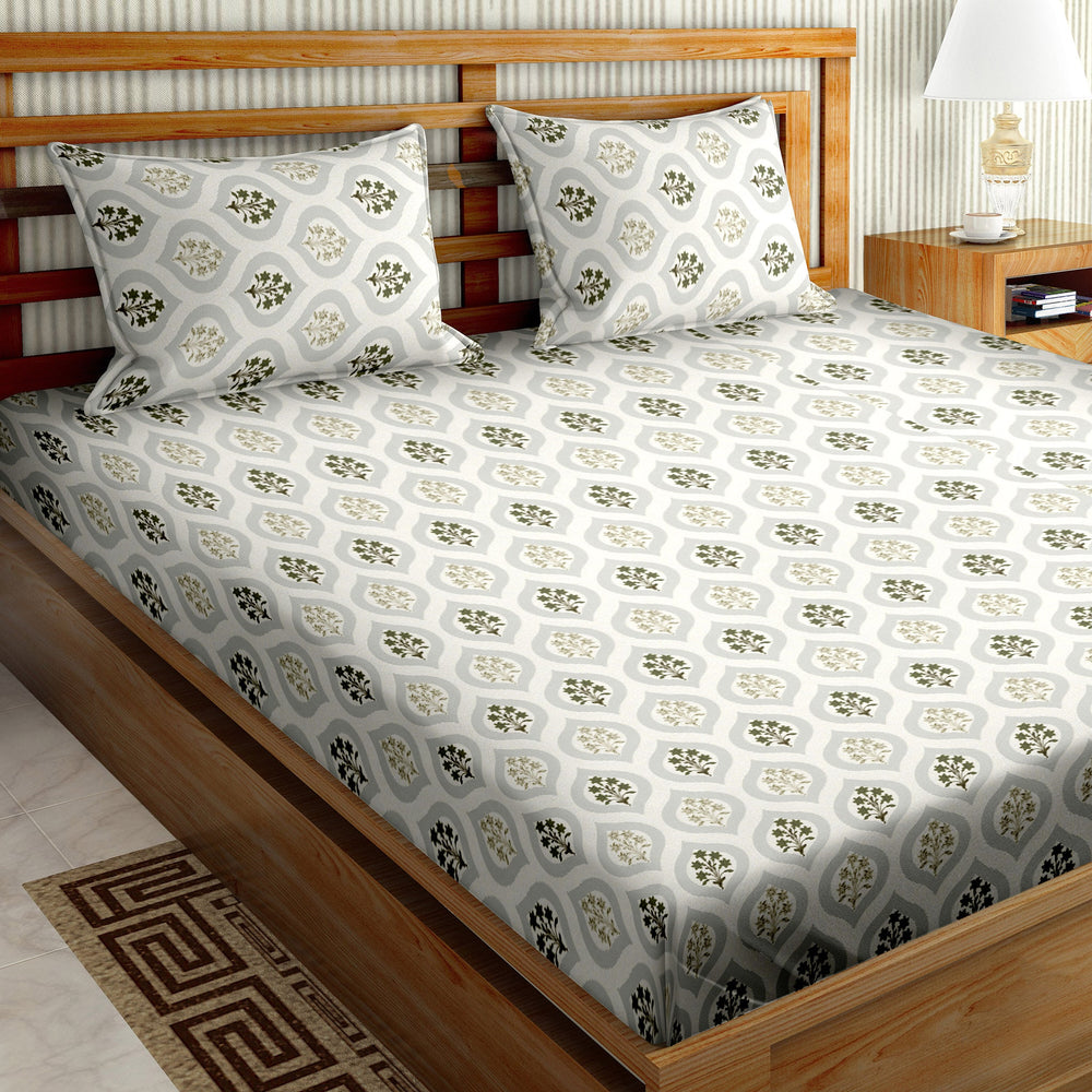 Bella Casa Fashion & Retail Ltd  BEDSHEET 90 X 108 Inch / Green / Cotton Double Bedsheet Set Cotton King Size with 2 Pillow Covers Floral Design Green Colour - Stella Collection