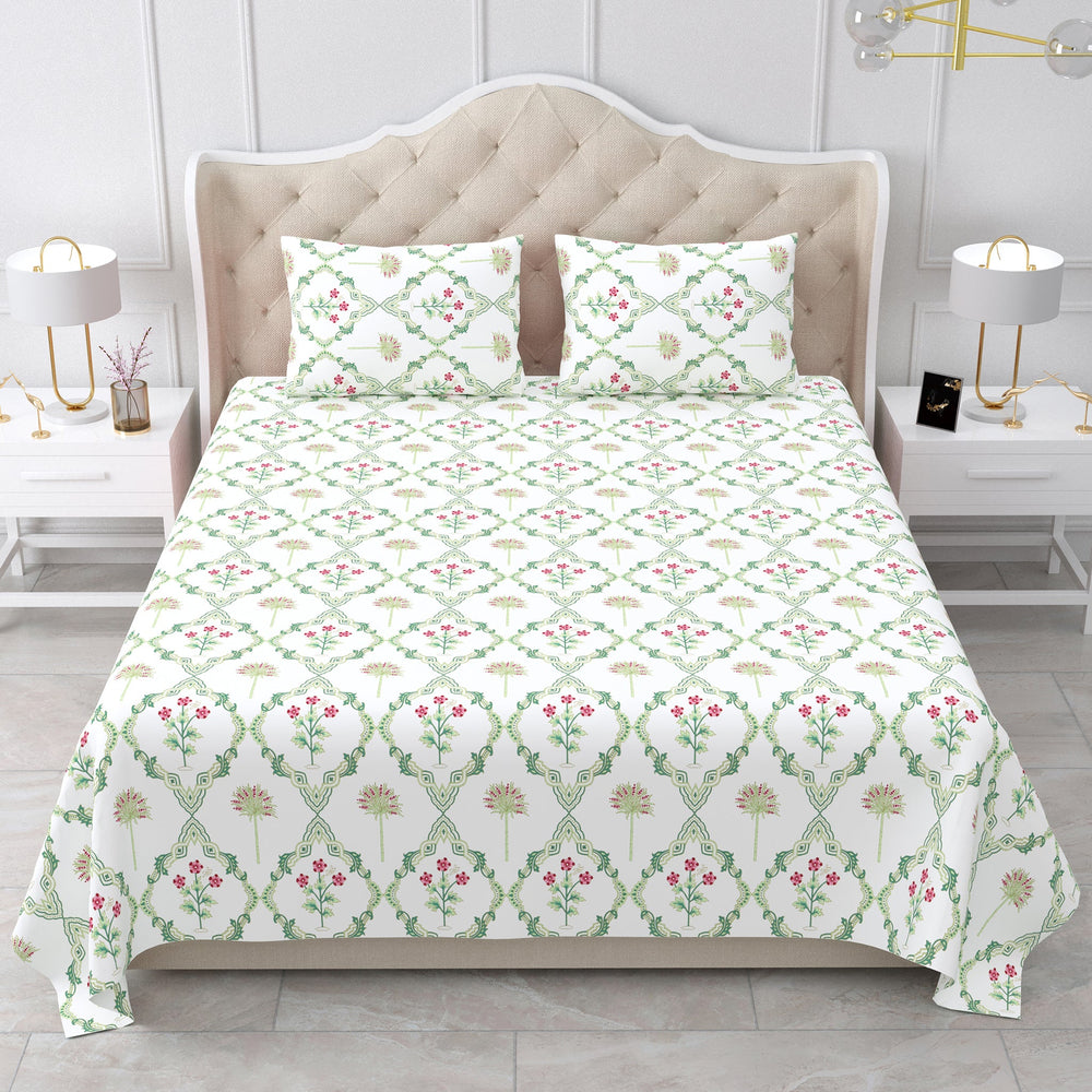 Bella Casa Fashion & Retail Ltd BEDSHEET 90 X 108 Inch / Green & Off White / Cotton Double King Size Bedsheet Set Cotton with 2 Pillow Covers Motifs Design Green & Off White Colour - Heritage Collection