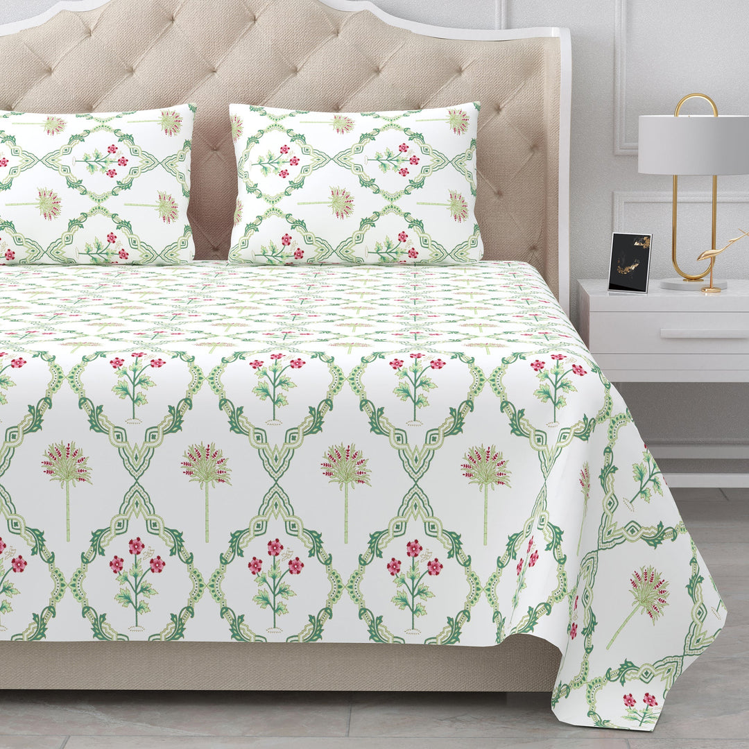 Bella Casa Fashion & Retail Ltd BEDSHEET 90 X 108 Inch / Green & Off White / Cotton Double King Size Bedsheet Set Cotton with 2 Pillow Covers Motifs Design Green & Off White Colour - Heritage Collection