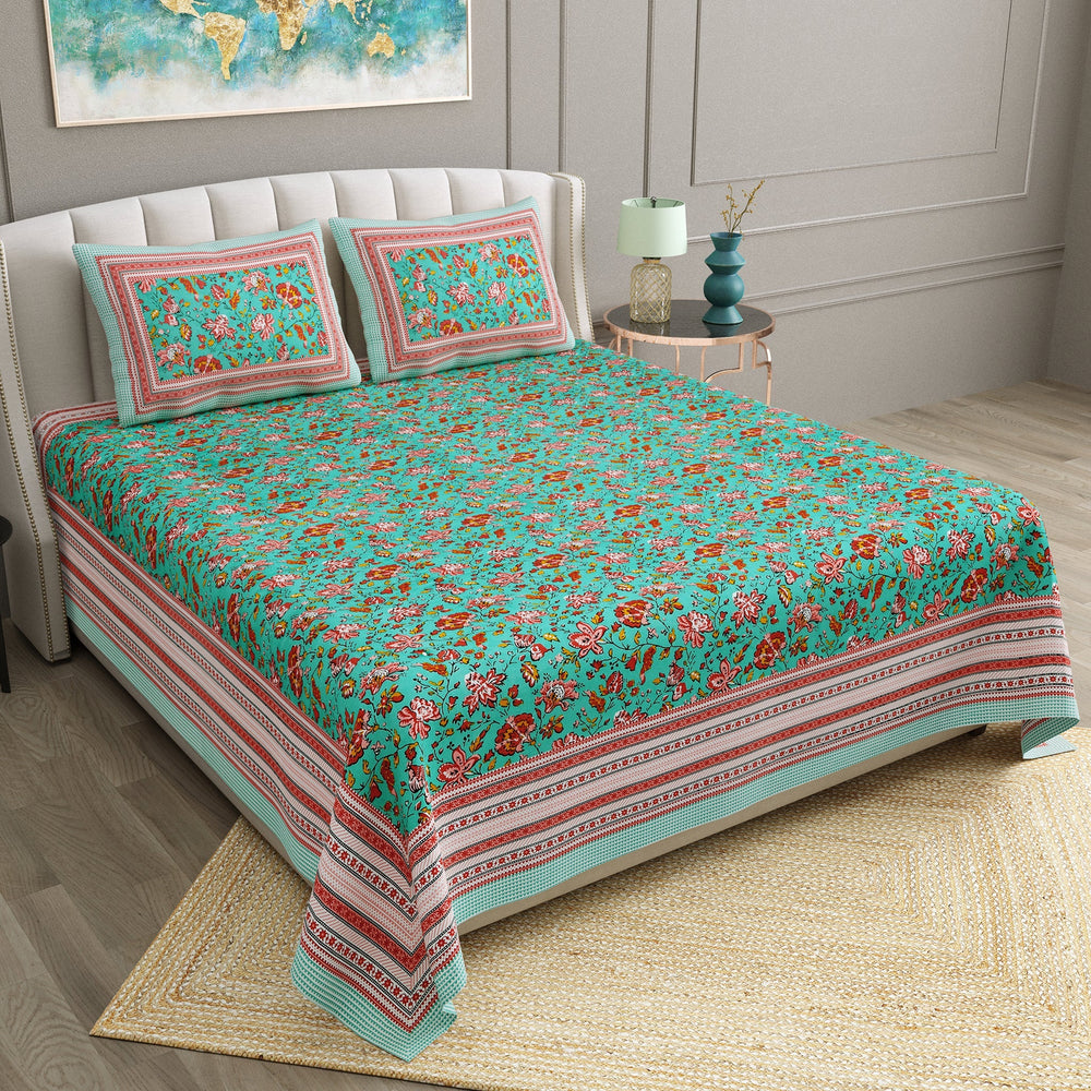 Bella Casa Fashion & Retail Ltd BEDSHEET 90 X 108 Inch / Green & Red / Cotton Double King Size Bedsheet Set Cotton with 2 Pillow Covers Floral Design Green & Red Colour - Ethnic Collection