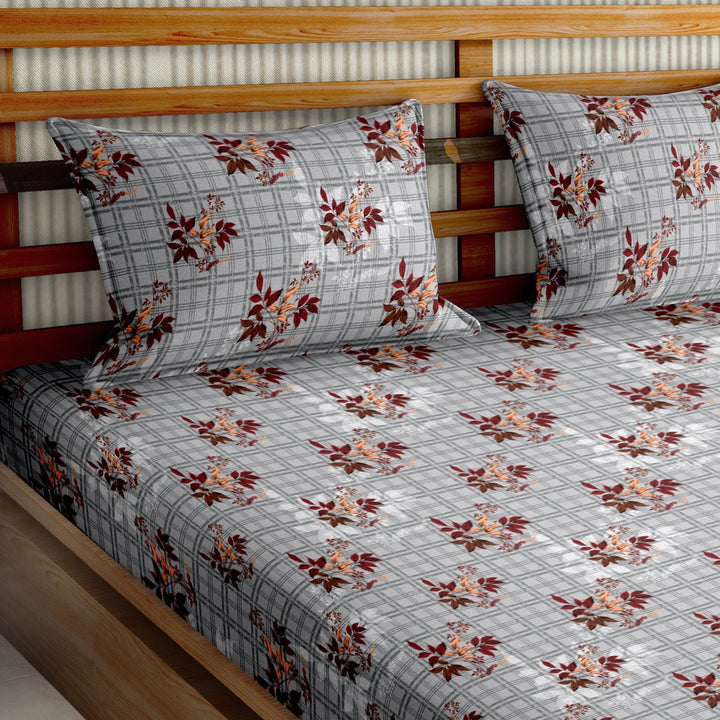 Double Bedsheet Cotton King Size with 2 Pillow Covers Floral Design Grey Colour - Stella Collection