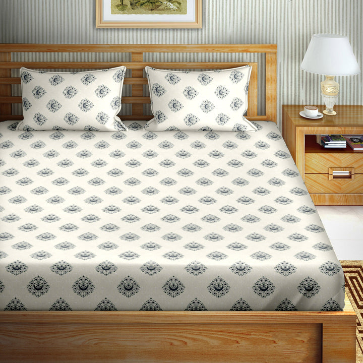 Double Bedsheet Cotton King Size with 2 Pillow Covers Floral Design Grey Colour - Stella Collection