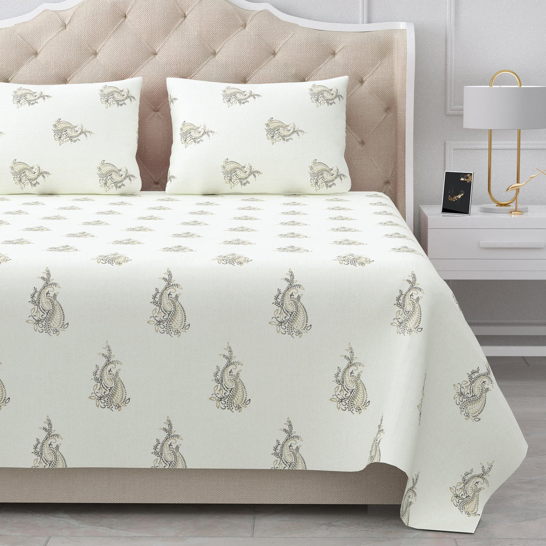 Bella Casa Fashion & Retail Ltd BEDSHEET 90 X 108 Inch / Grey & Off White / Cotton Double King Size Bedsheet Set Cotton with 2 Pillow Covers Motifs Design Grey & Off White Colour - Heritage Collection