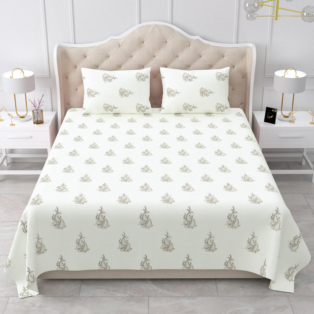 Bella Casa Fashion & Retail Ltd BEDSHEET 90 X 108 Inch / Grey & Off White / Cotton Double King Size Bedsheet Set Cotton with 2 Pillow Covers Motifs Design Grey & Off White Colour - Heritage Collection
