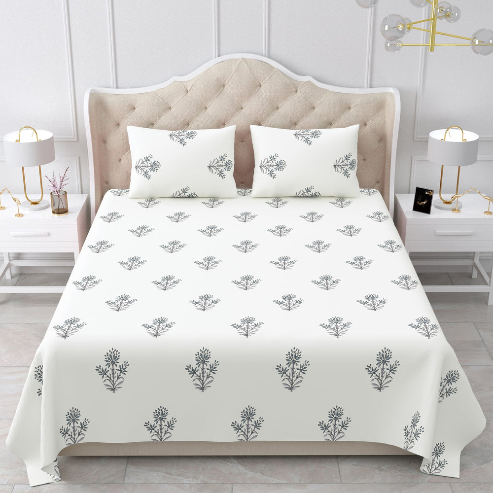 Bella Casa Fashion & Retail Ltd BEDSHEET 90 X 108 Inch / Grey & Off White / Cotton Double King Size Bedsheet Set Cotton with 2 Pillow Covers Motifs Design Grey & Off White Colour - Heritage Collection