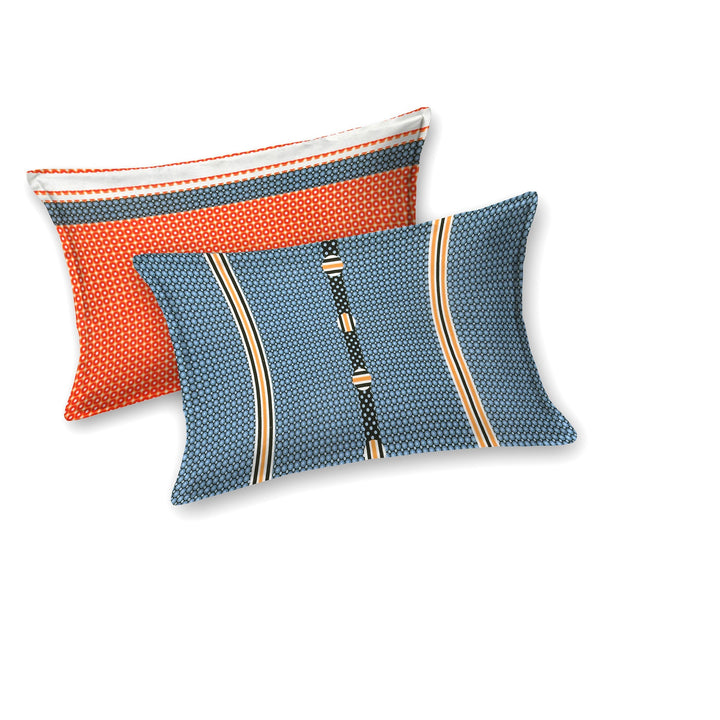 Double Bedsheet Set Cotton King Size with 2 Pillow Covers Geometrical Design Orange & Blue Colour- Stella Collection